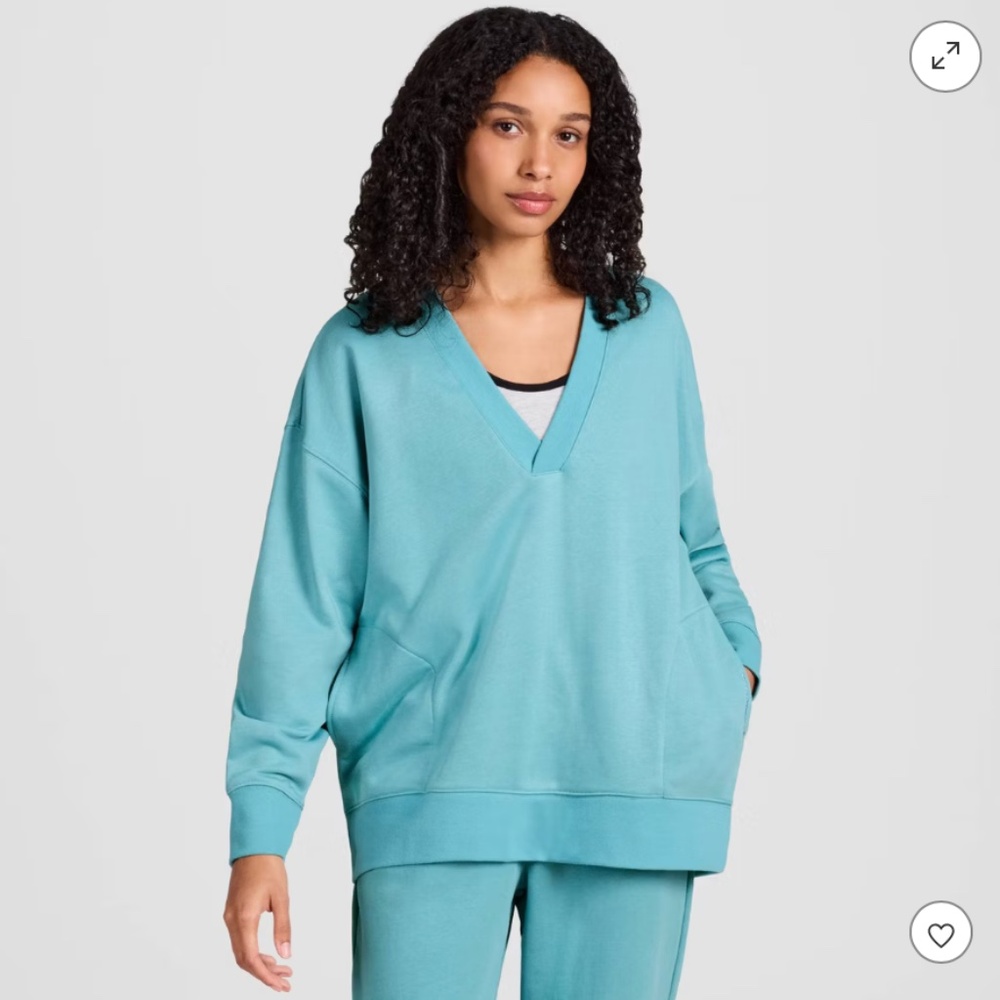 Champion V Neck Terry Sweatshirt M Teal Retro Lounge Slouchy Oversized Pockets